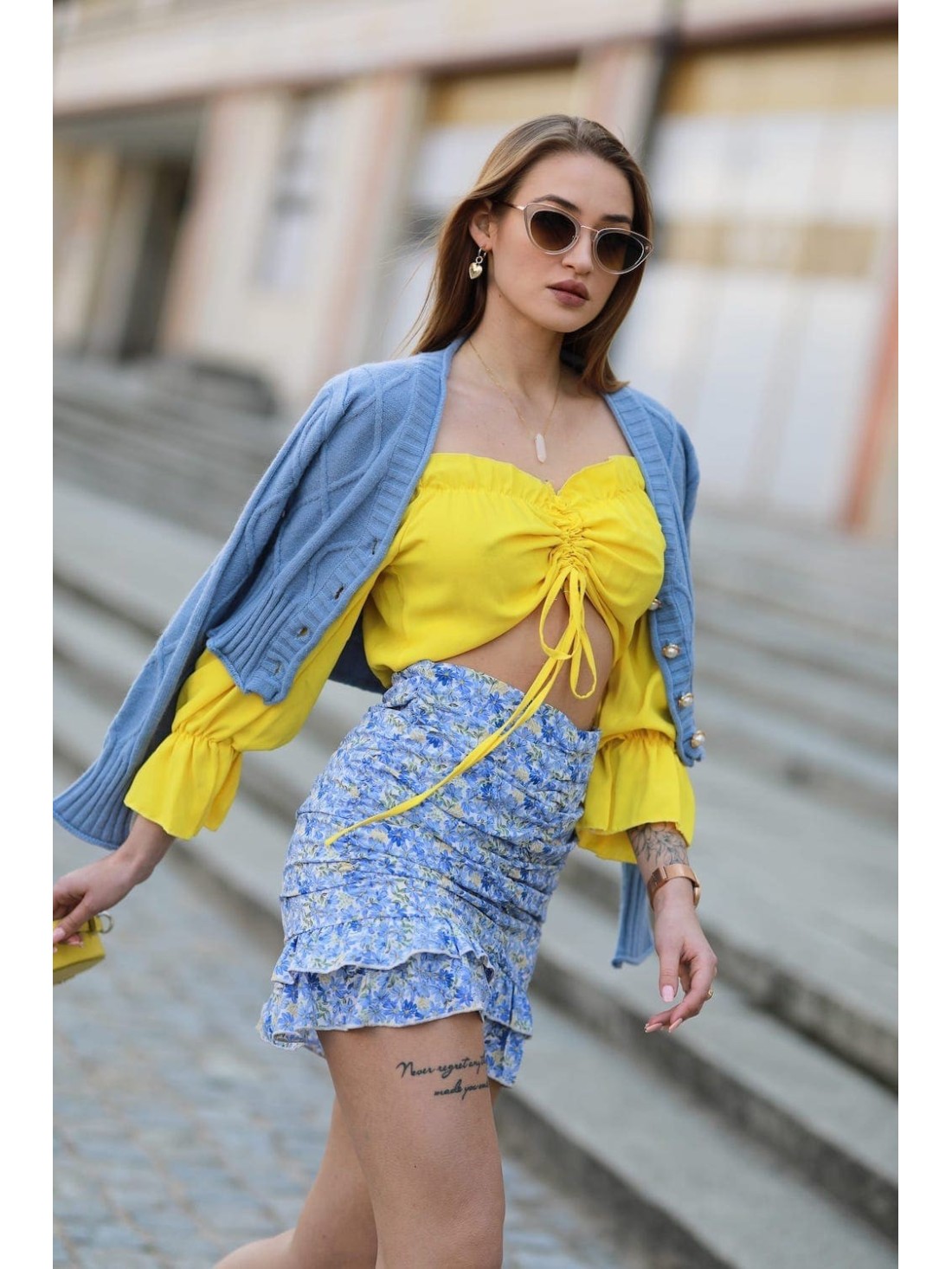 Blue ruffled mini skirt with floral ruffles 3861 - Online store - Boutique